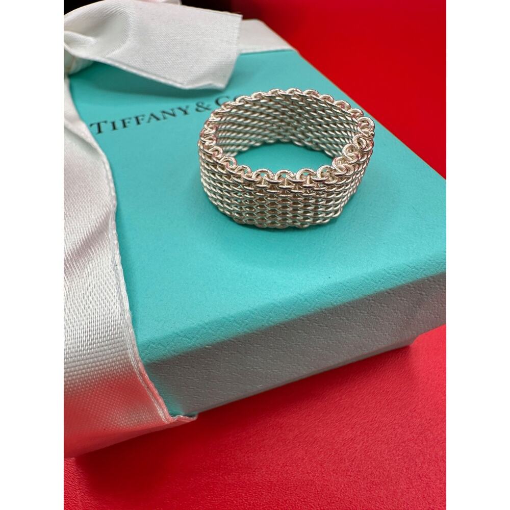 Tiffany & Co Somerset Sterling Silver Mesh Weave Ring Box, Bow And Card Sz 8 3/4 - Picture 6 of 8